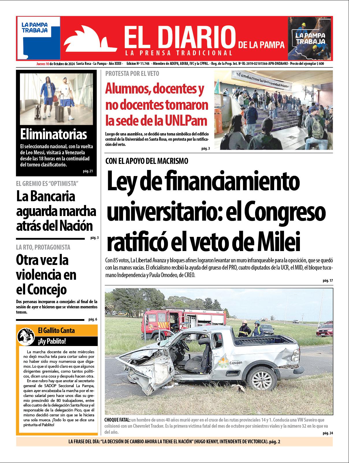 Tapa de El Diario en papel  jueves 10 de octubre de 2024